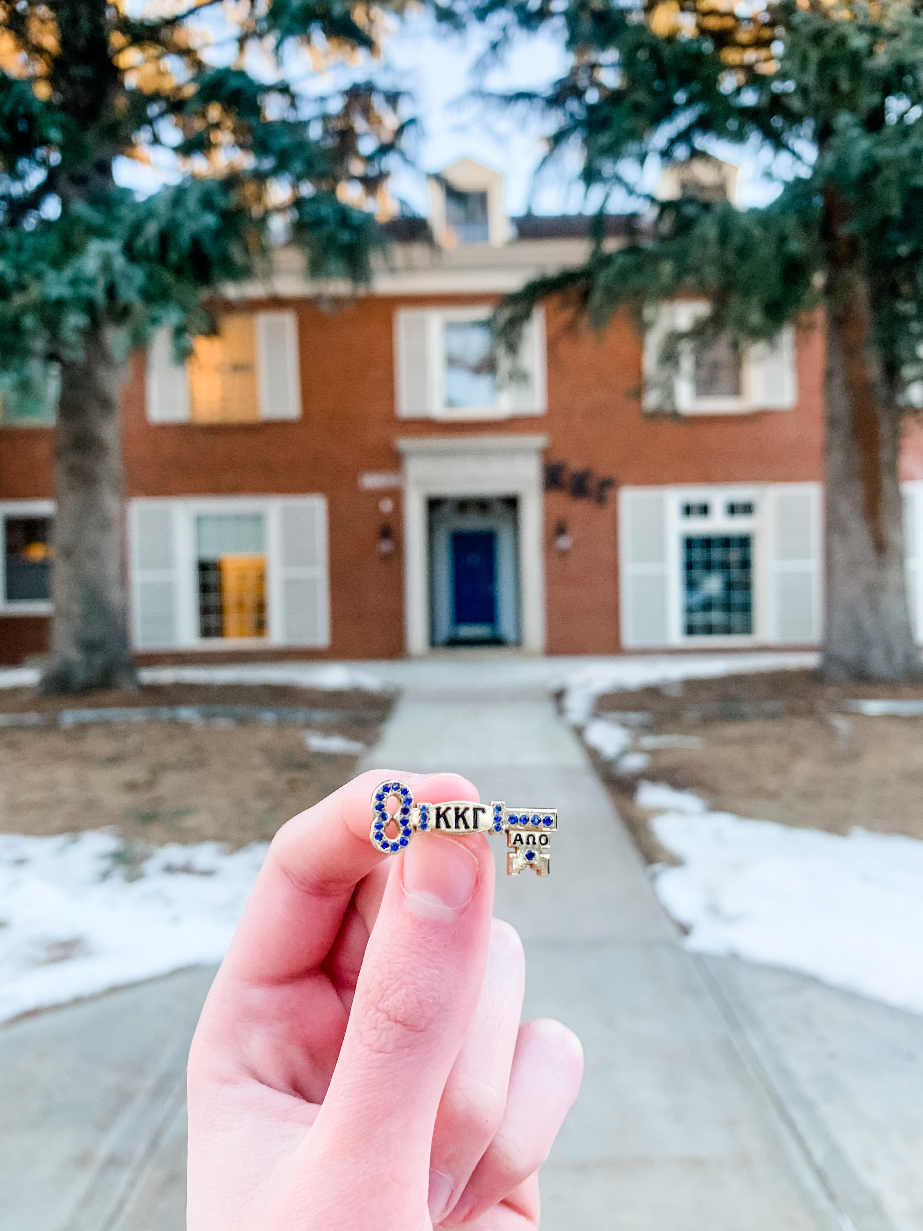 hand holding a badge in front of a house