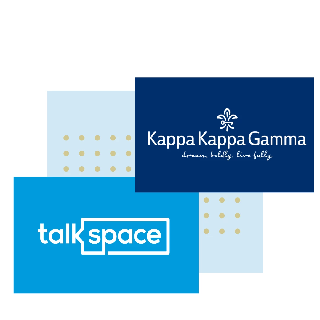 Talkspace and Kappa logos with blue boxes and gold dots