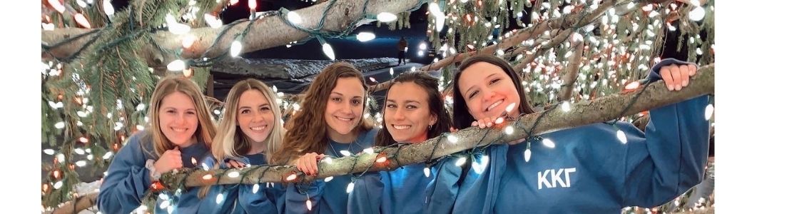 five friends line up along a tree branch decorated with holiday lights