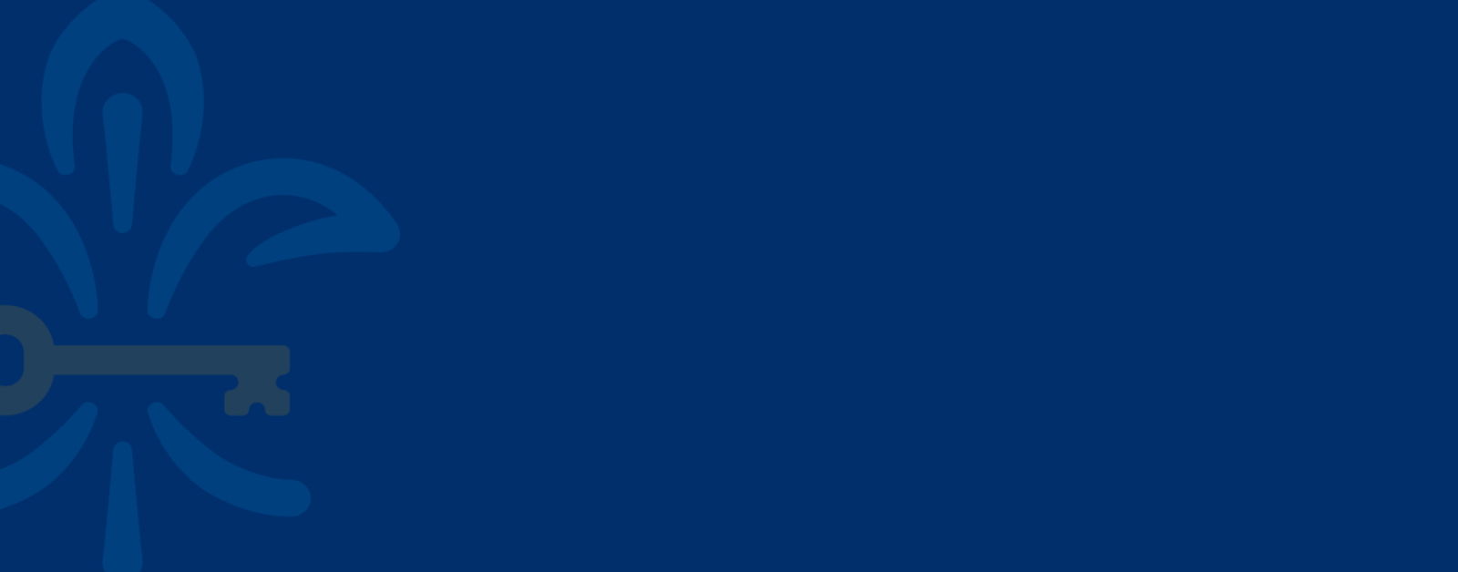 website hero tall A dark blue hero banner image with a watermark of the blue and gold fleur de lis and key logo icon.