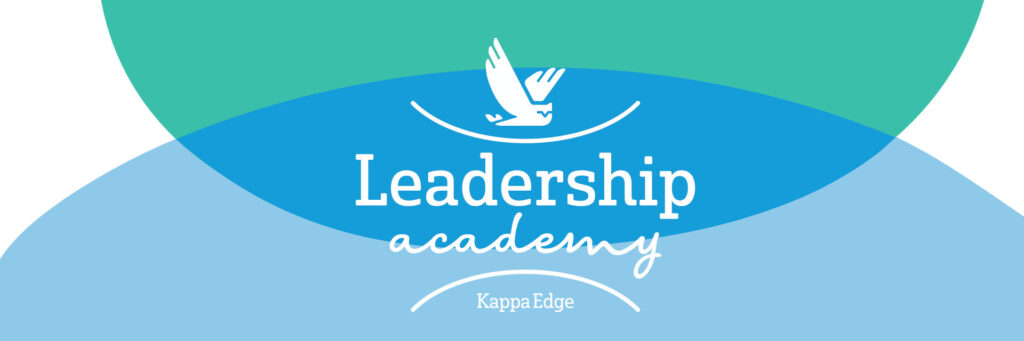 Hero banner image of Leadership Academy - Kappa Edge. Green and blue pattern with the Leadership academy logo featuring an owl.